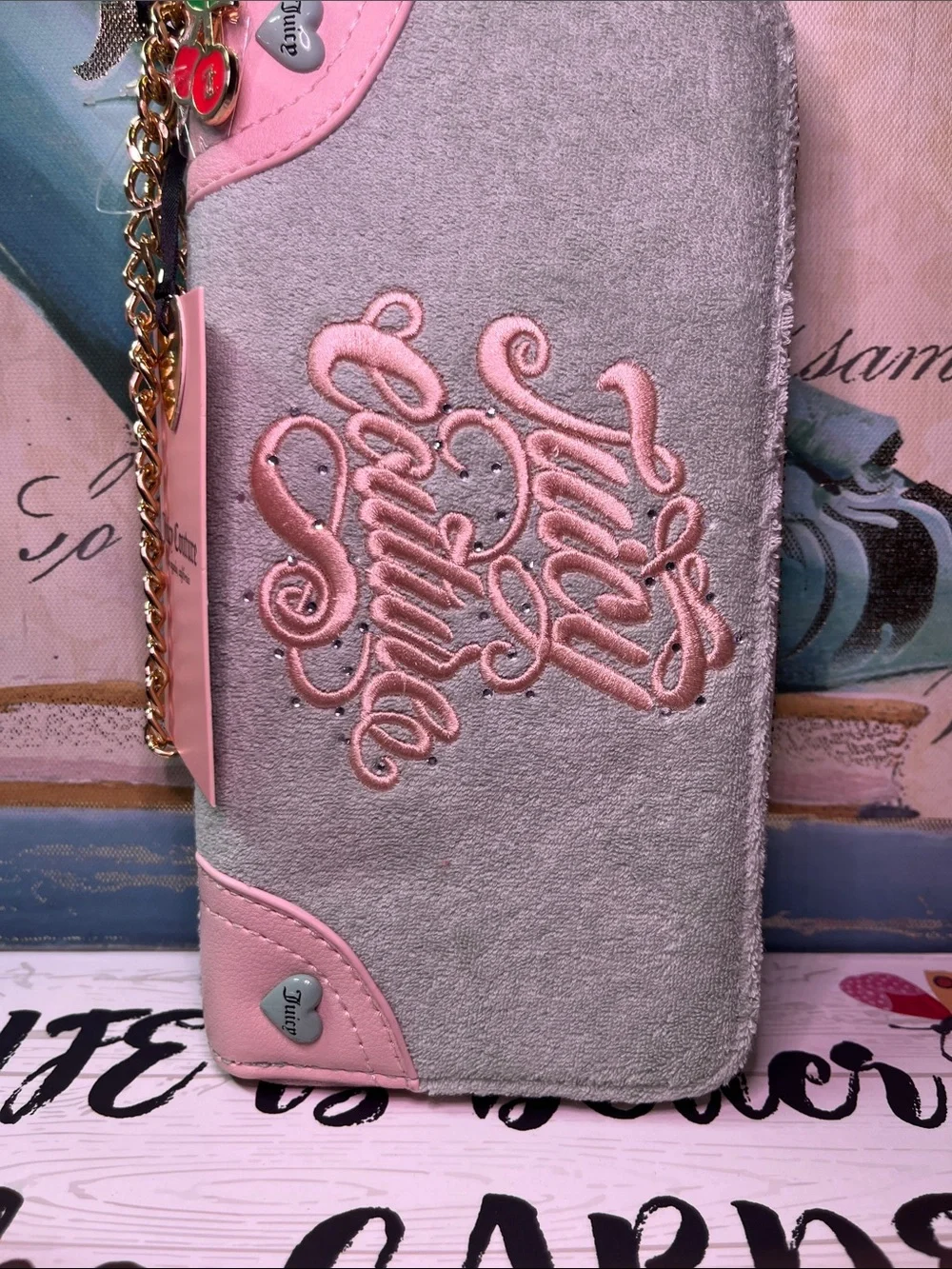 Juicy Couture Pink and Frosty Green Embroidered Chain zip wallet